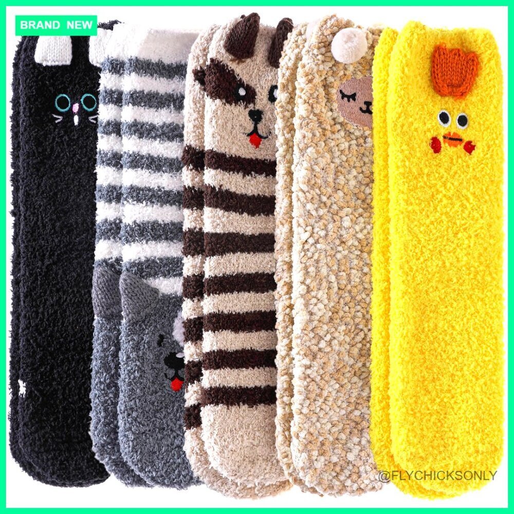 Women's Cozy Fuzzy Slipper Socks, 5 Pairs, Animal Print, Crew Length